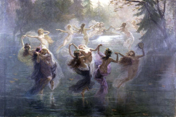 Le Villi, a painting by Bartolomeo Giuliano, 1906, oil on canvas, depicting the ghostly Wili characters of the ballet Giselle. A swirling circle of shrouded dancing women blur together, evocative of spirits and the underworld.