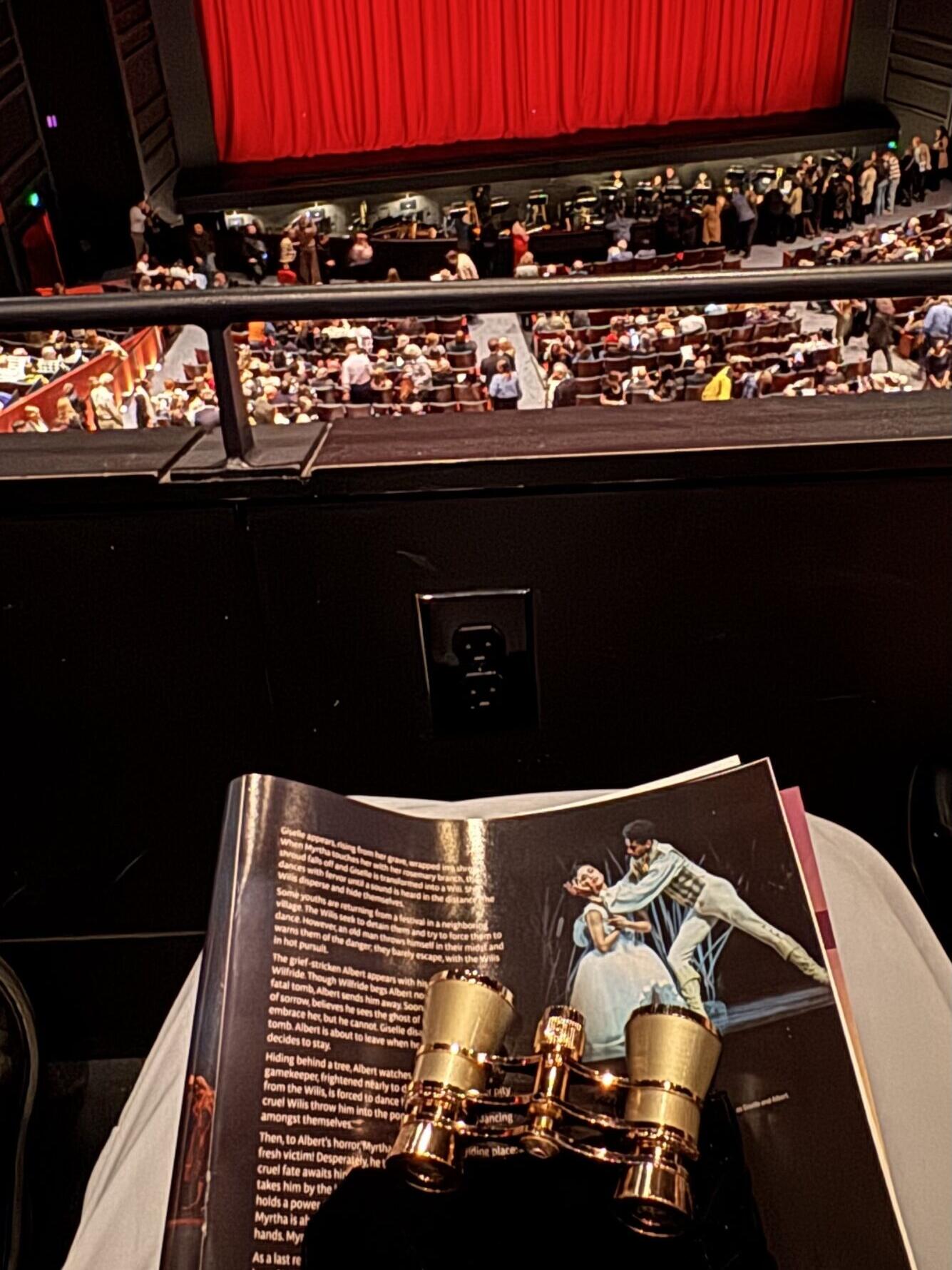 Photo inside a large theater, showing a ballet concert program resting on a woman's lap. On top of the program is a pair of Eschenbach gold-toned opera glasses, and a black bag. In the distance, a red curtain and an orchestra pit.
