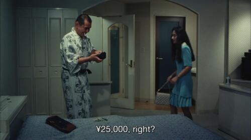 Ayumi and her client in A New Love in Tokyo discuss payment. The subtitle reads, "¥25,000, right?"