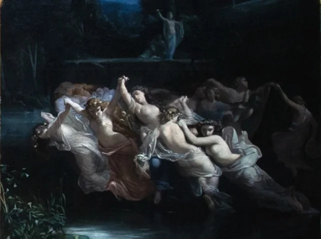 Les Willes, a painting by Ernest-Augustin Gendron. It depicts the Wilis, a group of dancing female ghosts, from the ballet Giselle. It is an example of chiaroscuro, with light seeming only to fall on the ghosts, with the forested background impenetrably dark.